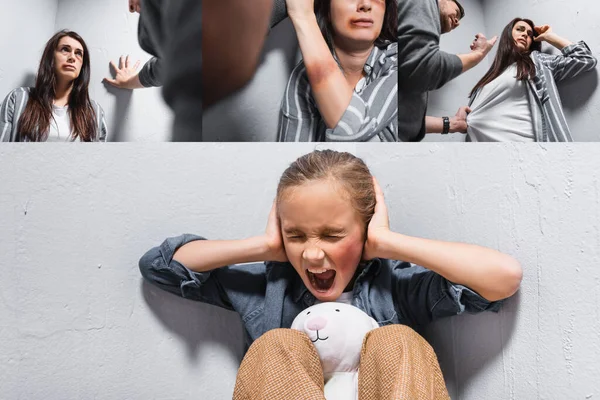 Collage de niño con juguete suave gritando y padre abusivo señalando a la madre con moretones - foto de stock