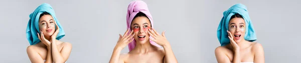 Collage de mujer hermosa emocional con toalla en el cabello y parches de hidrogel en la cara aislado en gris, bandera - foto de stock