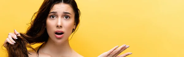 Shocked beautiful woman holding hair isolated on yellow, banner — Stock Photo