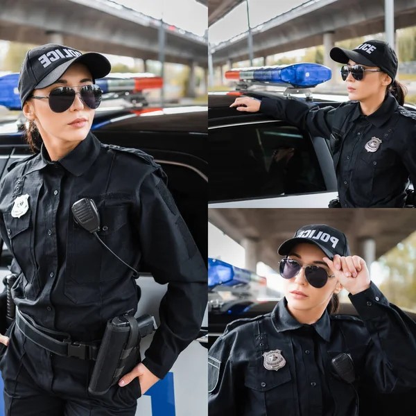 Collage einer selbstbewussten Polizistin, die in der Nähe eines Streifenwagens auf verschwommenem Hintergrund im Freien wegschaut — Stockfoto