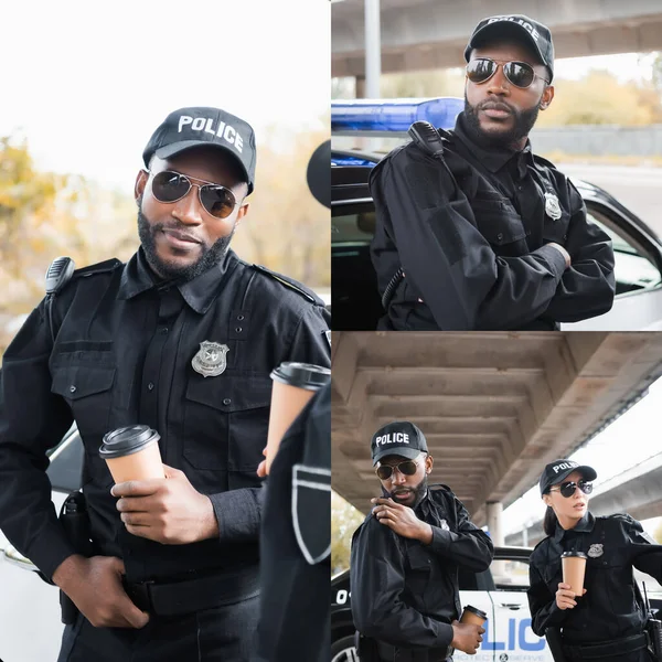 Collage de policier afro-américain avec tasse en papier regardant la caméra, penché sur la voiture de patrouille et parlant à la radio sur fond flou — Photo de stock