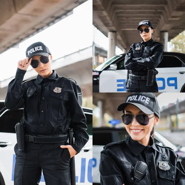 Collage of young confident policewoman posing near patrol car on blurred background on urban street — Stock Photo