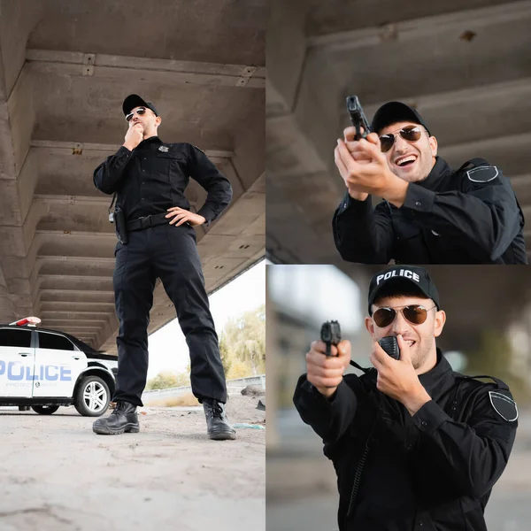 Collage eines Polizisten mit einer Hand an der Hüfte, der in der Nähe eines Streifenwagens steht, eine Waffe in der Hand hält und im Freien im Radio spricht — Stockfoto