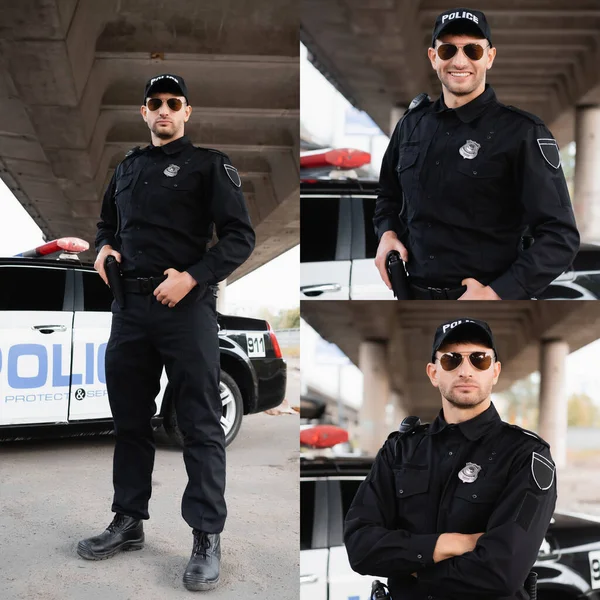 Collage de policía de pie cerca de auto en la calle urbana - foto de stock