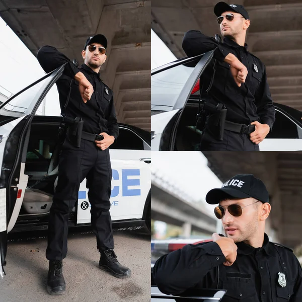 Collage of serious policeman leaning on police car on urban street — Stock Photo