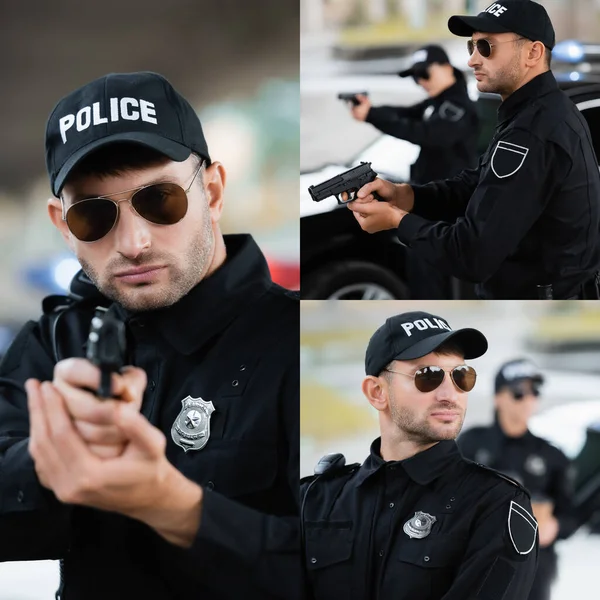 Collage de jeune policier tenant une arme sur fond flou à l'extérieur — Photo de stock