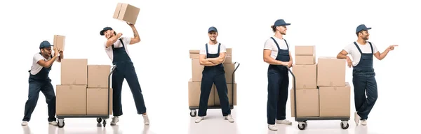 Collage of multicultural movers in uniform and caps near hand truck with carton boxes on white — Stock Photo