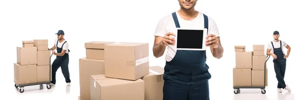 Collage de déménageur indien tirant camion à main avec des boîtes, debout avec la main sur la hanche et tenant tablette numérique avec écran blanc — Photo de stock