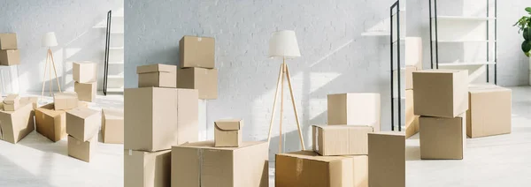 Collage of stacked carton boxes in modern apartment — Stock Photo