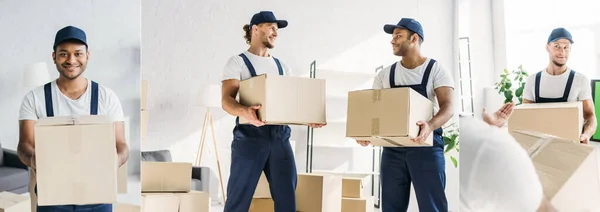 Collage of smiling multiethnic movers in caps and uniform carrying boxes in apartment — Stock Photo