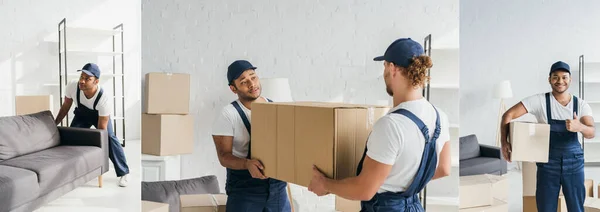 Collage of multiethnic movers in uniform carrying huge box, indian worker showing thumb up and moving sofa — Stock Photo