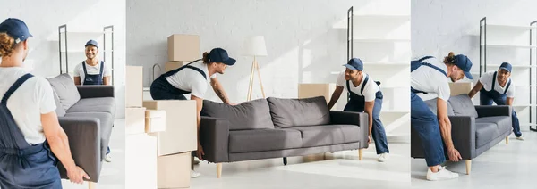 Happy multicultural movers in uniform smiling while carrying couch in apartment, collage — Stock Photo