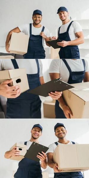 Collage de déménageurs multiculturels joyeux souriant tout en regardant la caméra et tenant des boîtes dans l'appartement — Photo de stock