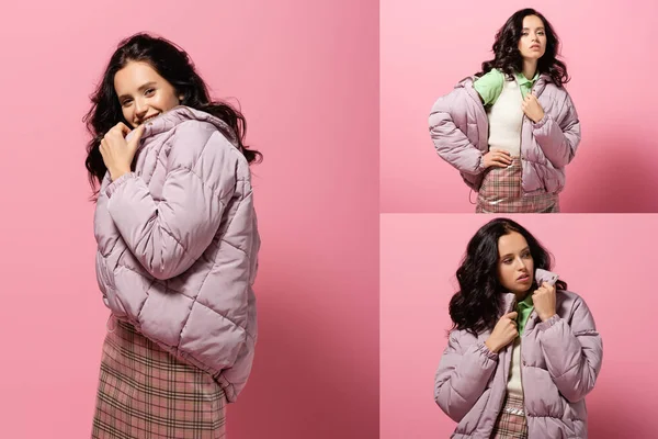 Collage einer brünetten jungen Frau in Pufferjacke, die auf rosa Hintergrund posiert — Stockfoto
