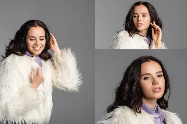 Collage of smiling elegant brunette young woman in stylish white faux fur jacket posing on grey background — Stock Photo