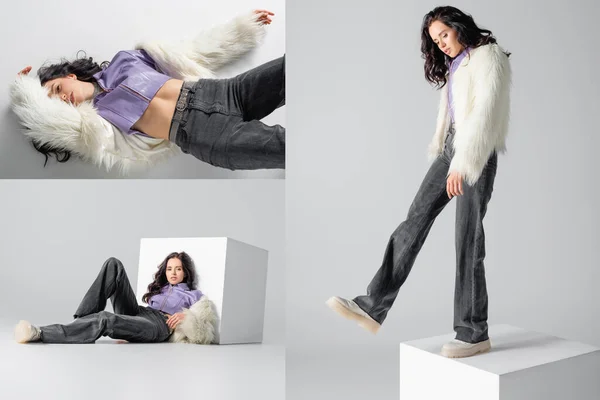 Collage of elegant brunette young woman in stylish faux fur jacket posing near cube on white background — Stock Photo