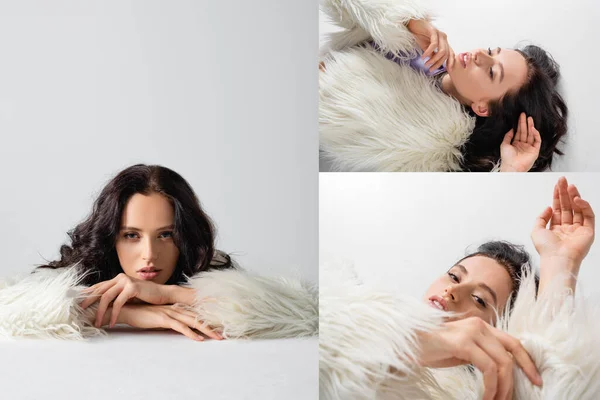 Collage of elegant brunette young woman in stylish faux fur jacket posing on white background — Stock Photo