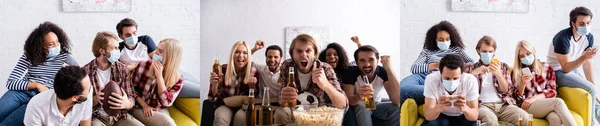 Collage de amigos multiculturales en máscaras médicas charlando en los teléfonos inteligentes, y los aficionados a los deportes emocionales viendo campeonato, bandera - foto de stock