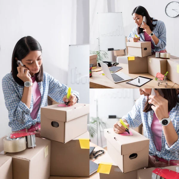 Collage of positive asian volunteer writing on carton box while talking on smartphone near desk in charity center — Stock Photo