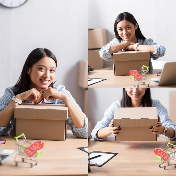 Collage de feliz asiático voluntario mirando a la cámara, apoyado en caja de cartón en el escritorio en el centro de caridad sobre fondo borroso - foto de stock