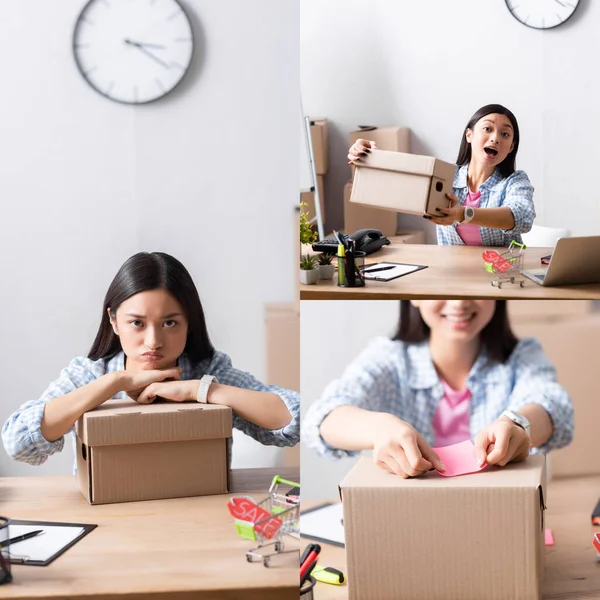 Collage de voluntarios asiáticos mirando a la cámara, sosteniendo la caja de cartón y pegando la pegatina en el paquete sobre un fondo borroso - foto de stock