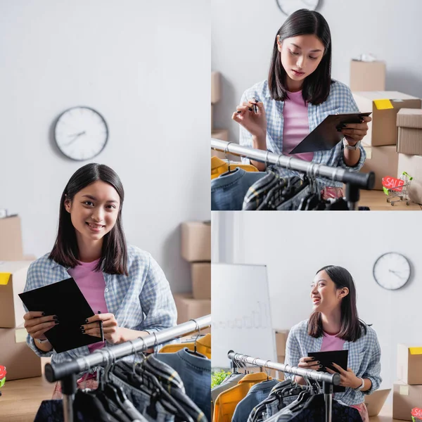 Collage of smiling asian volunteer with clipboard looking at camera and laughing while standing near hanging rack with clothes — Stock Photo