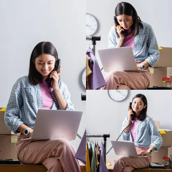 Колаж азіатського добровольця розмовляє по телефону і дивиться на ноутбук, сидячи на столі біля висячої стійки в благодійному офісі — стокове фото