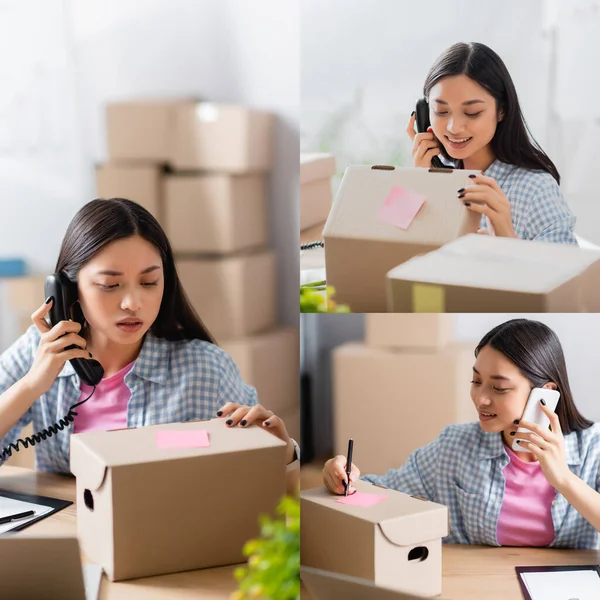 Collage of asian volunteer talking on telephone, opening and writing on carton box at desk on blurred background — Stock Photo