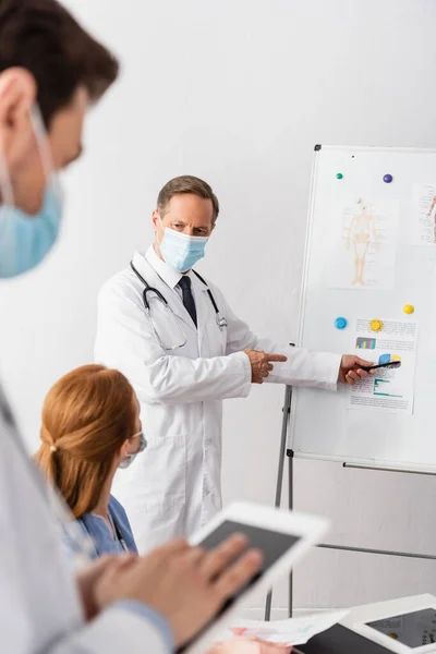 Médico em máscara médica apontando para gráficos em flipchart perto de colegas e tablets digitais em primeiro plano desfocado — Fotografia de Stock