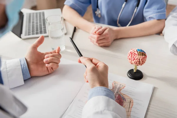 Ausgeschnittene Ansicht eines Arztes mit Stift, der in der Nähe von Kollegen am Arbeitsplatz gestikuliert, mit Papieren und anatomischem Modell des Gehirns im unscharfen Vordergrund — Stockfoto