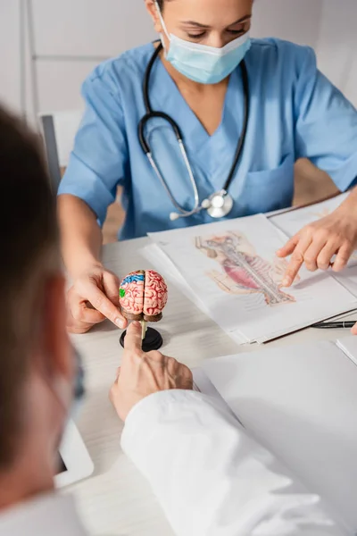 Multiethnic hospital staff pointing with fingers at brain anatomical model and picture at workplace on blurred foreground — Stock Photo