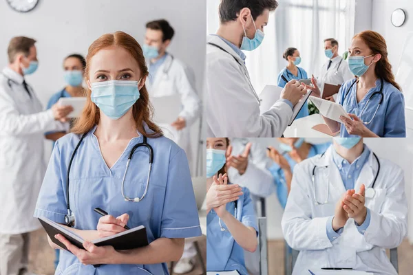 Collage de enfermera pelirroja con cuaderno mirando a la cámara, hablando con el médico y aplaudiendo durante la reunión cerca de colegas en un fondo borroso - foto de stock