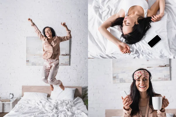 Collage einer jungen brünetten Frau im Bett am Morgen — Stockfoto