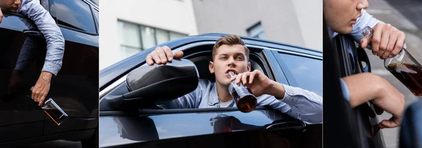 Collage of drunk man with bottle of whiskey at drivers seat in car, banner — Stock Photo