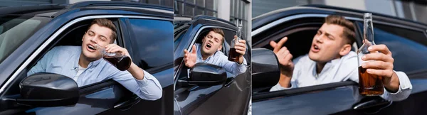 Collage de hombre borracho sosteniendo botella de whisky, gritando y mostrando ven aquí gesto mientras estás sentado en el coche, pancarta - foto de stock