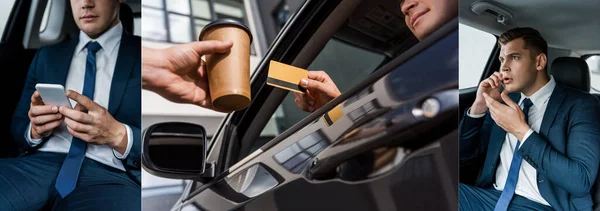 Collage de l'homme d'affaires à l'aide d'un smartphone et tenant la carte de crédit dans la voiture près du vendeur avec du café à emporter, bannière — Photo de stock