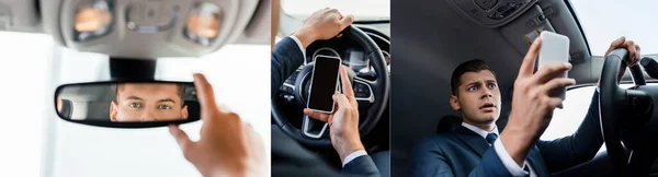 Collage of businessman using smartphone and adjusting rearview mirror in auto, banner — Stock Photo