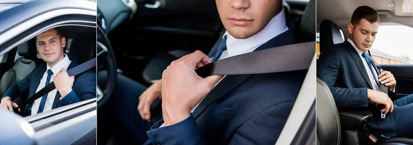 Collage di uomo d'affari che tiene la cintura di sicurezza in auto, banner — Foto stock