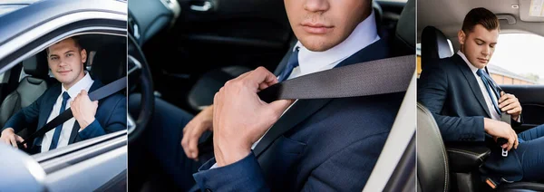Collage of businessman holding safety belt in car, banner — Stock Photo