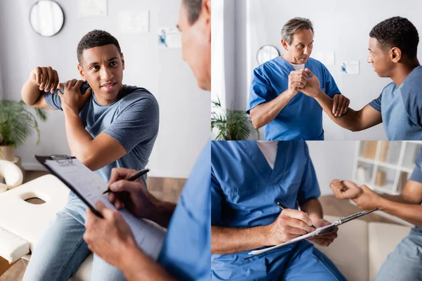 Collage de terapeuta trabajando con hombre afroamericano lesionado y escribiendo en portapapeles en clínica - foto de stock