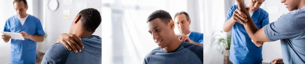 Collage of injured african american patient near therapist in clinic — Stock Photo