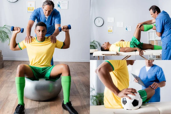 Collage de deportista afroamericano ejercitándose en colchoneta de fitness cerca de médico en clínica - foto de stock