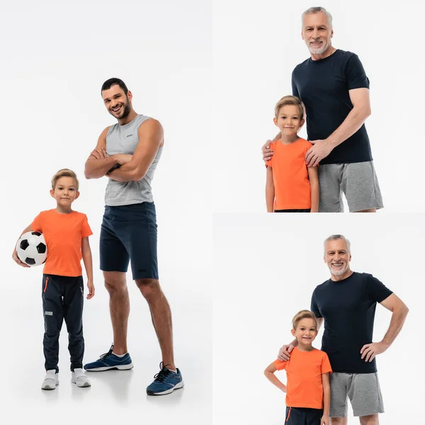 Colagem de homem perto de filho com bola de futebol, e avô abraçando ombros de neto em branco — Fotografia de Stock