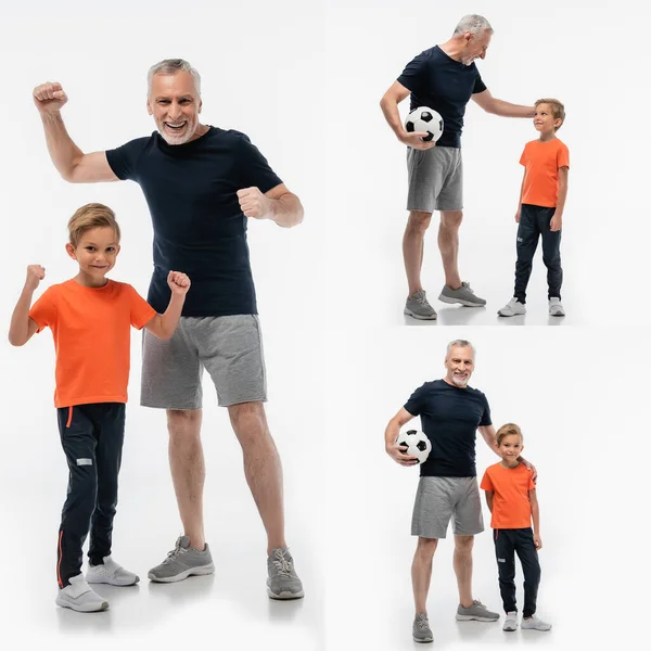 Collage de hombre maduro sosteniendo pelota de fútbol y mostrando el gesto de ganar junto con el nieto en blanco - foto de stock