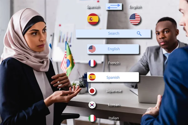 Arabian businesswoman talking to interpreter near african american business partner, translation app interface illustration — Stock Photo