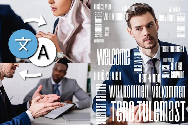 Collage de partenaires d'affaires multiethniques réunis au bureau, mot d'accueil dans différentes langues près des icônes avec illustration des flèches — Photo de stock