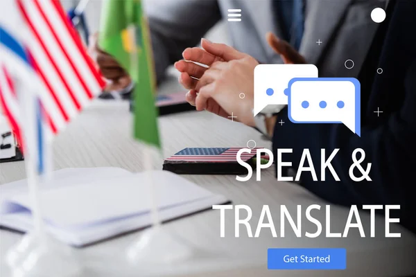 Partial view of interpreter near digital translator and african american businessman, speak and translate lettering near get started icon illustration — Stock Photo