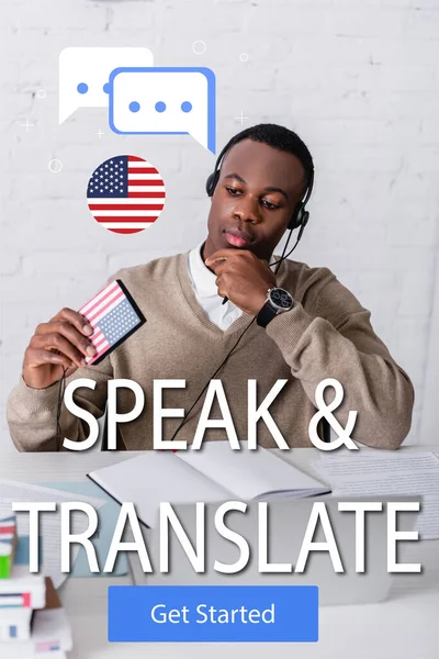Intérprete afroamericano con traductor digital en primer plano borroso, burbujas de habla cerca de hablar y traducir letras y empezar ilustración icono - foto de stock