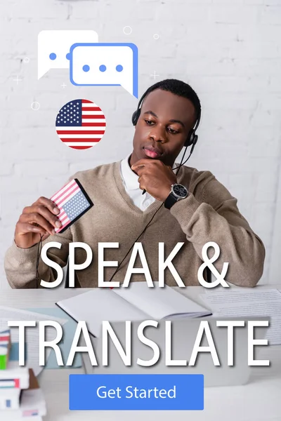 Afrikanisch-amerikanischer Dolmetscher mit digitalem Übersetzer im verschwommenen Vordergrund, Sprechblasen in der Nähe von Sprache und übersetzen Schriftzüge und beginnen Icon-Illustration — Stockfoto