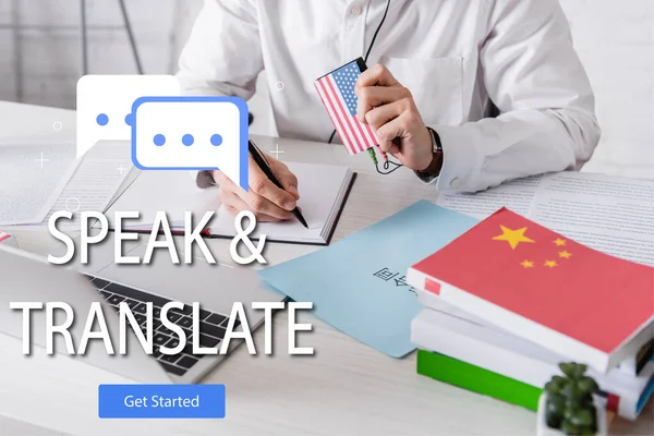 Cropped view of interpreter working near paper with hieroglyphs, speak and translate lettering and get started icon illustration. Translation: 